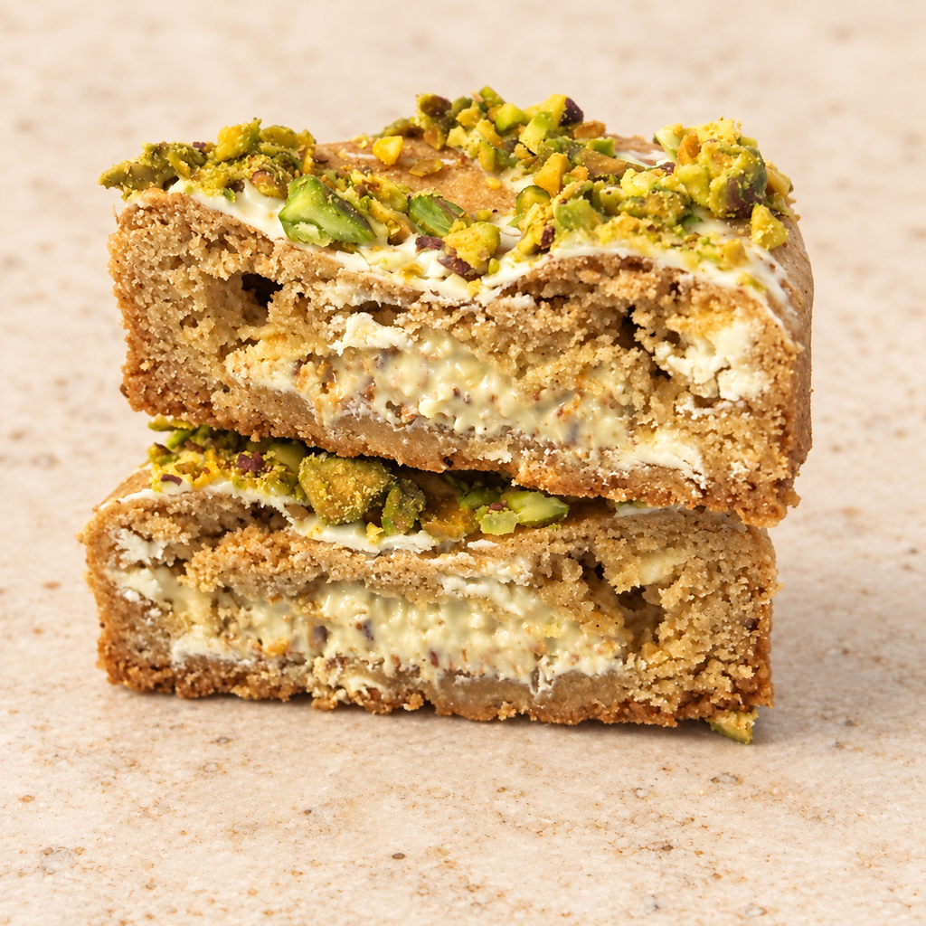 Pistachio Cream Crunch cookie cut in half on a cream background
