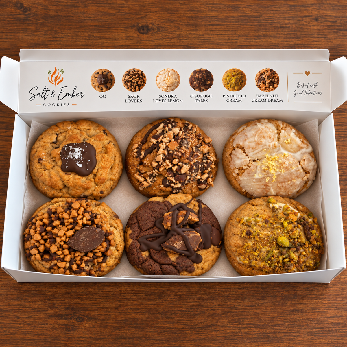 Square photo of Salt & Ember Cookie Flight box with six cookies and their flavour legend