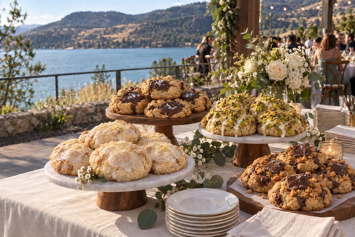 Illustrative Salt & Ember cookie event table overlooking Kalamalka Lake