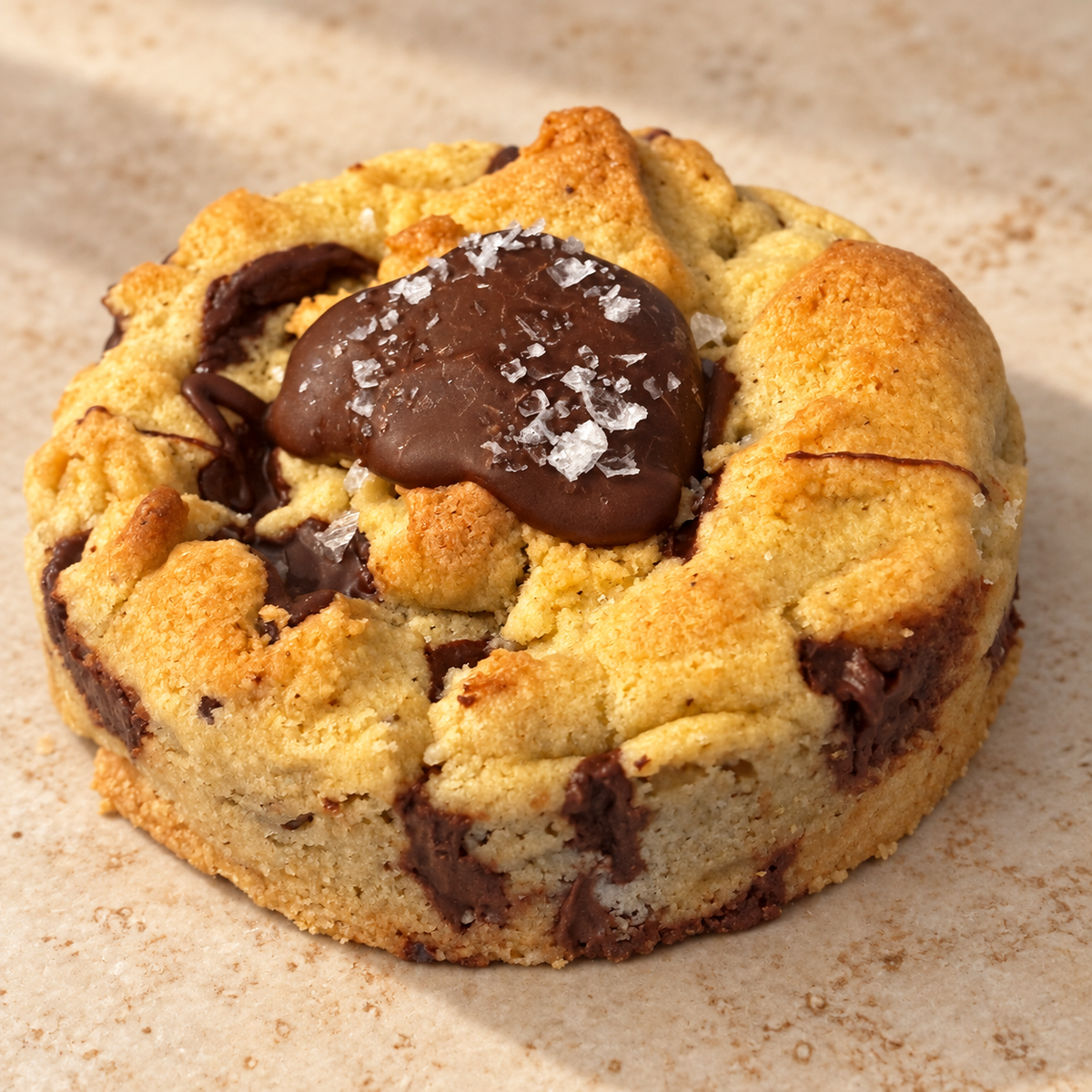 The OG Cookie with chocolate and flaky sea salt on a warm cream background