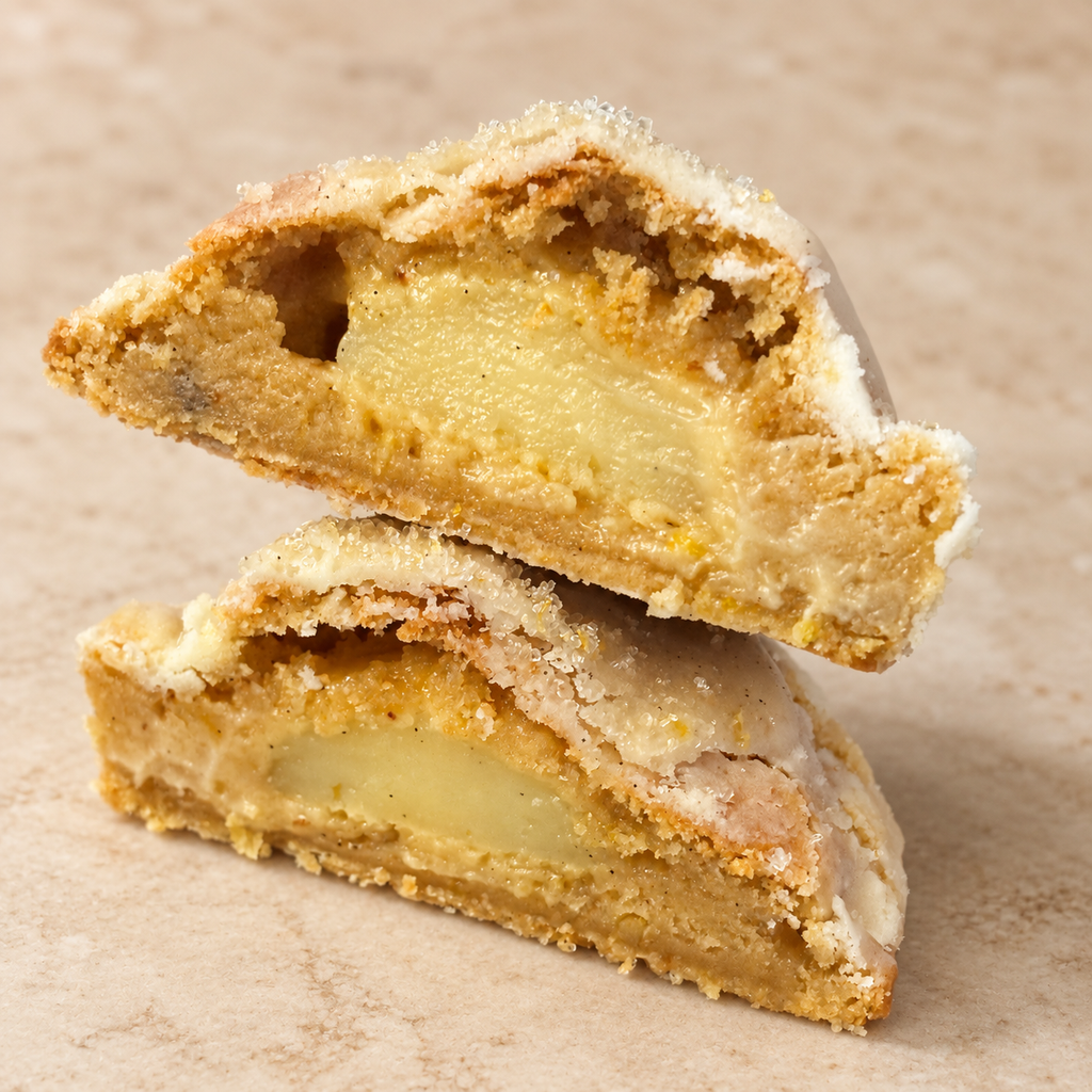 Sondra Loves Lemon cookie cut open to show its creamy lemon filling
