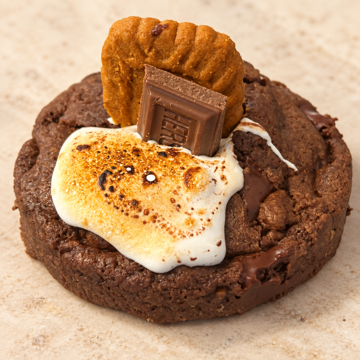 Summer Night Campfire cookie with toasted marshmallow and chocolate on a warm cream background